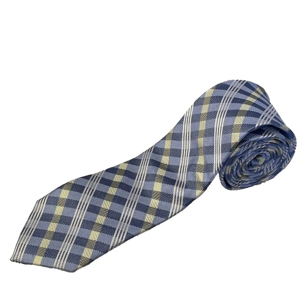 Penguin Blue White and Beige Striped Silk Mens Neck Tie 59" Long 2.75" Wide